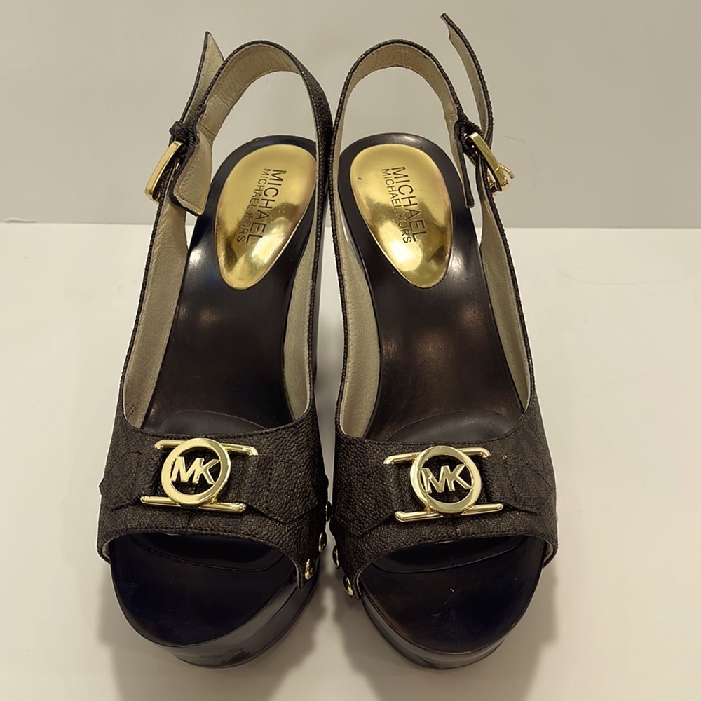 KORS Michael Kors Brown and Gold Leather Wedge Sandals
